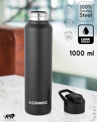 Image of Nubo Alpha 202 Stainless Steel Water Bottle 1000 ml | BPA Free Leak Proof Sipper Bottles | Textured Finish Metal Water Bottle with Sports Cap | Reusable Bottles for Gym Office Travel (Black)