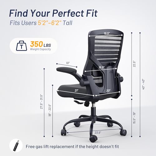 Image of Office Desk Chair for Long Hours & Lower Back Pain Relief - 4 inch Thick Molded Foam Cushion, Enhanced Lumbar Support, Padded Flip-up Armrests, Ideal for Office or Study, Black
