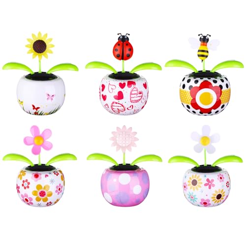 6 Solar Dancing Bee Toy Solar Powered Dancing Sun Flower in Colorful Pots Swinging Ladybug Shape Flip Flap Animated Bobblehead Dancer Window Sunflower Sun Catcher Car Dashboard Decor