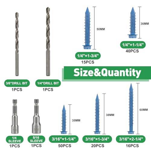 FOLIV 145PCS Concrete Screws with Drill Bit and Hex Bit Socket, Blue Hex Washer Head Concrete Screws Anchor Kit for Masonry, Cement, Block, Brick or Stucco — view 3