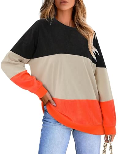 KISSMODA Women's Casual Long Sleeve Sweatshirt Color Block/Solid Crewneck Corduroy Pullover Cute Tops
