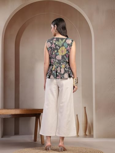 Image of Stylum Women's Black Floral Printed Katha Cotton Short Kurti Palazzo Set