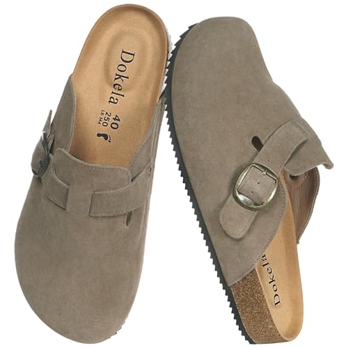Dokela Mules et Sabots Homme Femme Chaussons avec Liège Confortables Pantoufles Cuir Chaussures Antidérapants Semelle, Marron foncé, 43 EU
