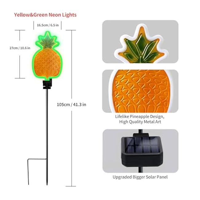 ANGMLN Solar Pineapple Neon Light - 2 Metal Garden Stake Lights 42 inch Path Lighting for Garden Yard Lawn Patio Walkway Decor
