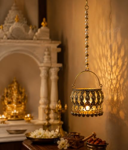Image of Divyakosh Pack of 4 Festive Hanging LED Decor, Decorative Hang Tea Light Lantern, Temple & Festive Hangings Light, Diwali, Temple, Pooja, Lakshmi Ganpati Decor| 4 LED Lights