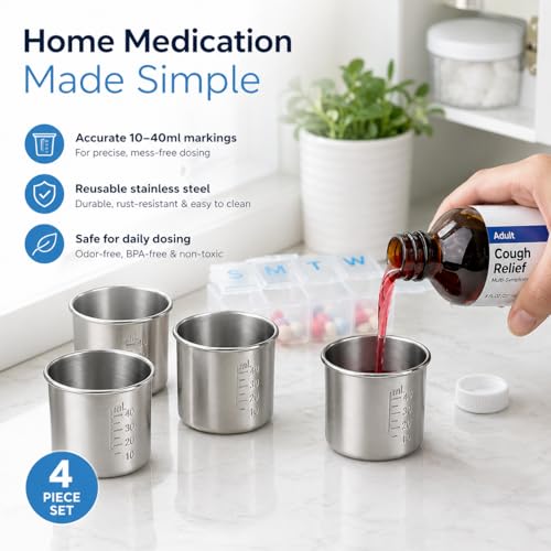 Image of DECHOUS 4Pcs Stainless Steel Graduated Medicine Cups: 1.35oz(40ml) Portable Reusable Measuring Cups for Pills and Liquid Medication, Home and Lab