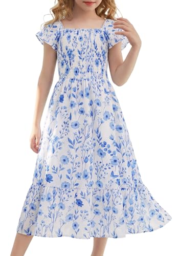 GRACE KARIN Girls Floral Easter Dresses Size 16 Teen Girl Spring Maxi Dress Kids Summer Hawaiian Party Dress,Dusty Blue