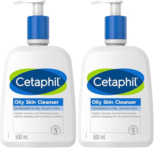 CETAPHIL Oily Skin Cleanser 500ml, Gentle Face Wash for Sensitive Skin, With Glycerin & Panthenol, Hypoallergenic, Dermatologist Tested (Pack of 2)
