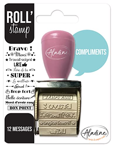Aladine - Roll' Stamp Compliments - Tampon à Molette - 12 Messages à Tamponner Partout - Idéal pour Bullet Journal, Scrapbooking 2159 Noir