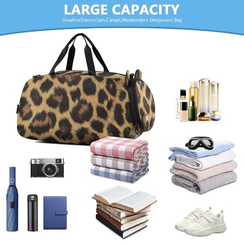 Leopard Skin Pattern Duffle Bag for Girl, Sports Duffle Gym Bags with Shoe Compartment, Personalized Overnight Bag Travel Weekender for Kids4