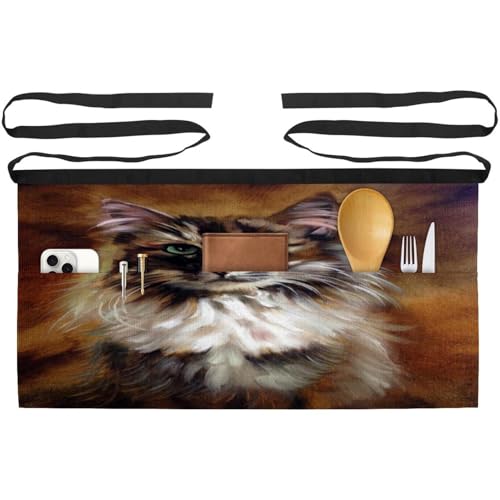 Tablier court de cuisine anti-tache lot de 3 demi-tabliers à poches motif chat