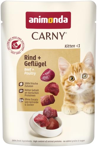 animonda Carny Kitten Katzenfutter Premium Pouch nass Pouch Rind + Geflügel (12 x 85g) getreidefreies Katzen Nassfutter ohne Zucker mit frischen fleischigen Zutaten