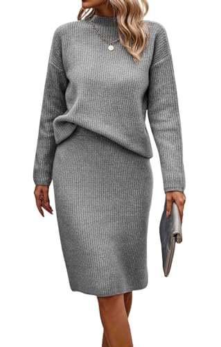 Image of Women 2 Piece Knit Sweater Skirt Set Midi Sweater Dress Long Sleeve Pullover Bodycon Knitted Skirt Set Outfit