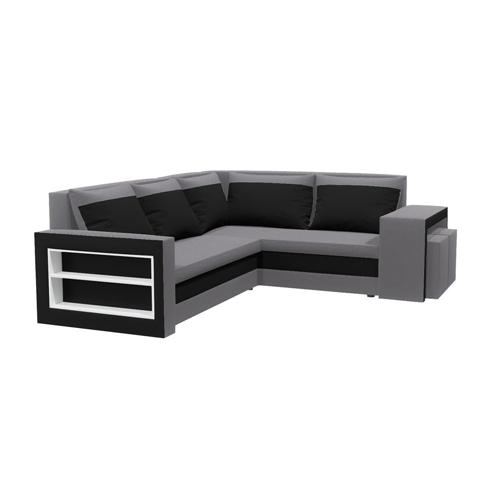 Malabo L Ecksofa mit Schlaffunktion und Bettkasten L-Form 220x202 cm – Sofa mit 2 Hockern, Regal im Seitenteil & Stauraum (Komfort, Grau-Schwarz)