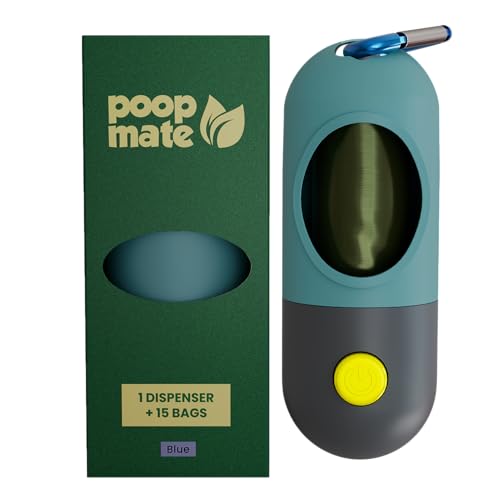 Image of Dog Poop Bag Dispenser with LED Flashlight for Night Walks - Leash Clip & Metal Carabiner - Pet Waste Bag Holder Includes 1 Roll (15 Dog Poop Bags) - Durable, Portable - Blue