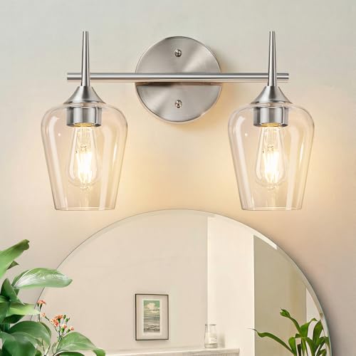 Image of MOKATNG 2-Light Bathroom Light Fixtures, Brushed Nickel Vanity Lights for Bathroom with Clear Glass, Bathroom Lighting Fixtures Over Mirror, Modern Wall lamp for Cabinet Hallway