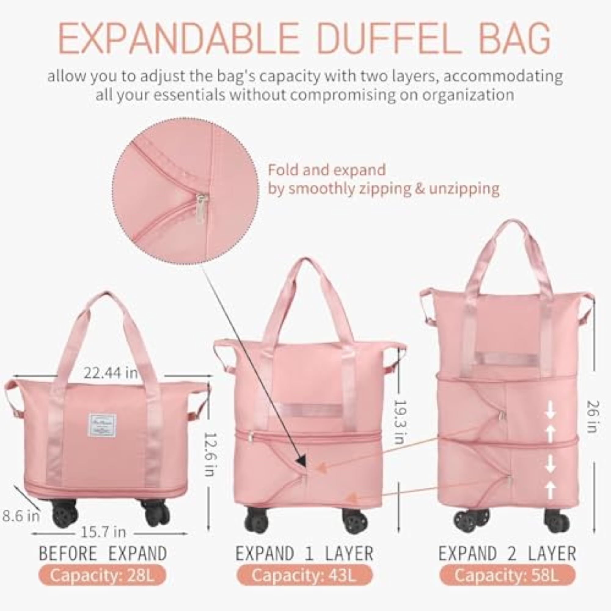 Expandable Duffle Bag with Wheels for Travel
