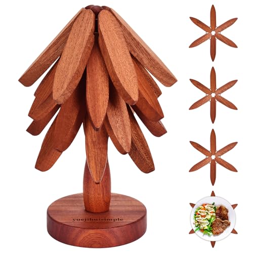 Trivets for Hot Dishesï¼ŒTree Shape Trivet Set,4 Wooden Trivets + 1 Standï¼Œ Heat-Resistant Foldable Wooden Tree Trivet Set for Potã€Bowlã€Teapotã€Hot Pot Holder