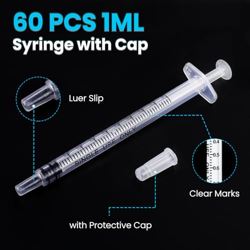60 pcs 1ml syringe with cap for liquidoral syringe without needle for medicine dropper colostrum collect feeding pets liquid measuring individually sealed luer slip