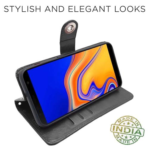 Image of Pikkme Samsung Galaxy J4 Plus Flip Cover Leather Finish | Inside TPU with Card Pockets | Wallet Stand and Shock Proof | Complete Protection Button Flip Case (Black)