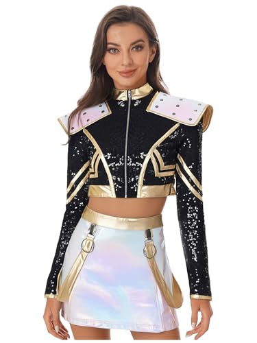 Alvivi Traje de Cazador K-Pon Adulto Disfraz de Escenario de Caza de Demonios con Chaqueta Lentejuelas y Falda Ropa de Interpretación de Papel de Anime S-4XL Negro 3XL