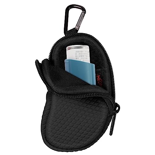 MEDMAX Neoprene Asthma Inhaler Holder Protective Portable Travel Handy Holster Lightweight Carrying Case with Carabiner Clip and Mesh Pocket Inside Inhaler Not Included (Case Only) (Black)