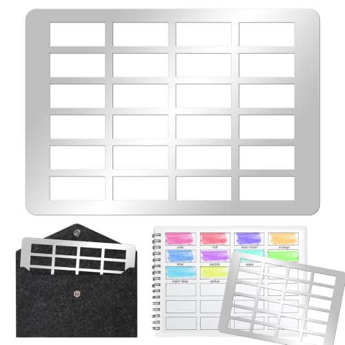 Metal Rectangle Watercolor Swatch Template with Bag 4.96x4.96 Inch Rectangle Acrylic Painting Stencil Stainless Steel Grid Drawing Painting Stencil Card for Color Correction Paint DIY Arts Crafts