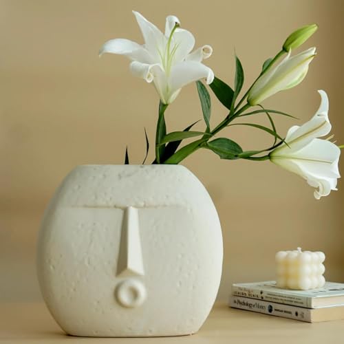 Image of Clay Soul Ceramic Face Vase - Off White Smile & Blowing Kiss Design | Matte Finish | Flower Vase for Living Room, Table Centerpiece, Pampas Grass | Home & Office Decor