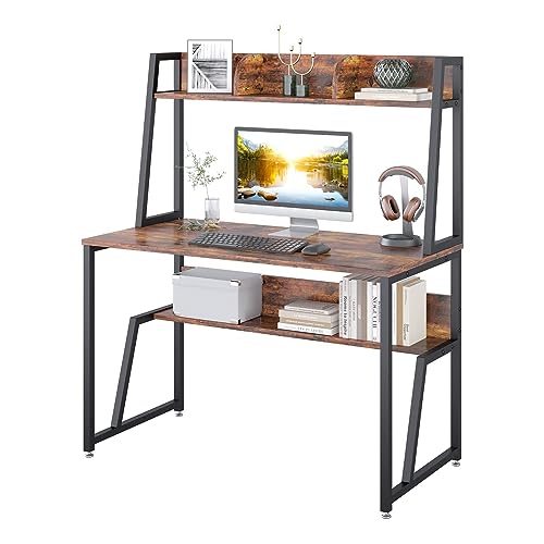 TREETALK Computer Desk, 43.3″ Writing Desk with Hutch and Bookshelf, Large Space PC Laptop Computer Workstation for Home Office (Rustic Brown)