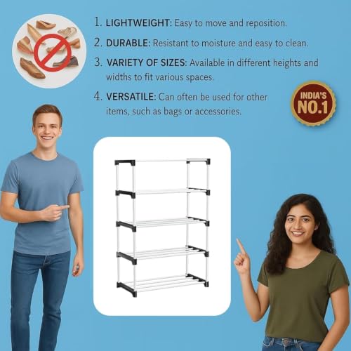 Image of Shoe Rack 5 Layer with Shelf, Thick Strong Pipes for Heavy Load Multipurpose Organizer Rack Shoe, Cloth & Book Storage Shelf for Home, Balcony, Living Room & Workspace