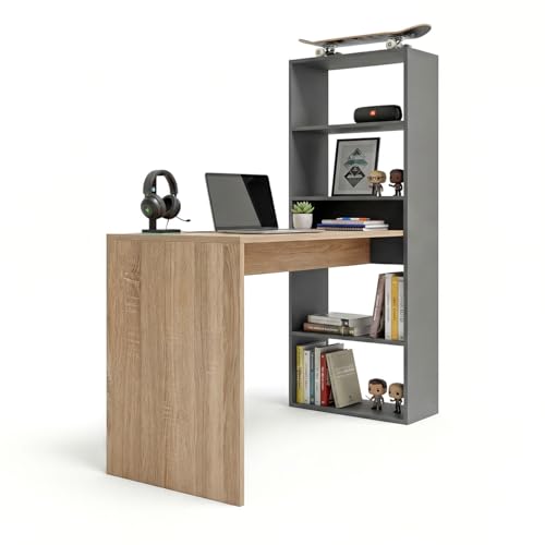 duehome | Escritorio Juvenil con Estanteria Reversible, Mesa de Ordenador, Modelo Cosmic, Acabado en Gris Antracita y Roble Canadian, Medidas: 120 cm (Largo) x 53 cm (Ancho) x 144 cm (Alto)