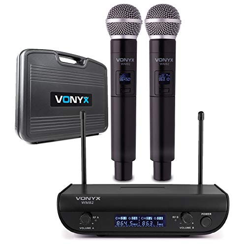 VONYX WM82 UHF Wireless Microphone System with Dual Handheld Microphones, Receiver, 2-Channel Operation, 50m Range, XLR Outputs & Carry Case for PA, Events & Performances
