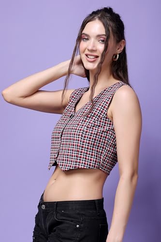 Image of POPWINGS Casual Check Printed V-Neck Sleeveless Button Closure Waistcoat Crop Top for Women || Stylish Western Woman Crop Top for Summer || Sleeveless V-Neck Crop Tops for Women