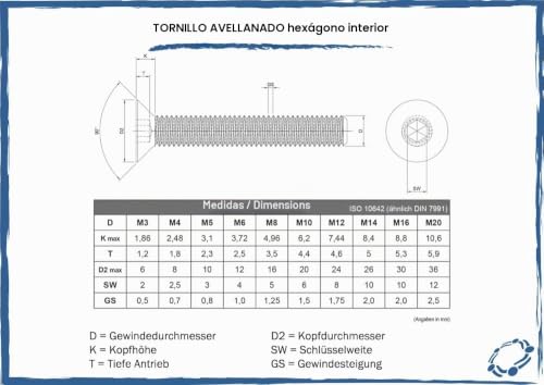 Miniatura 3 de Tornillo Avellanado Seccaro M6 X 70 Mm, Acero Inoxidable V2a Va A2, Din 7991 Iso 10642, Hexágono Interior, 20 Piezas