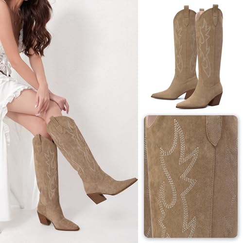 Image of iiimmu Cowgirl Boots Women Knee High Boots Pointed Toe and Block Heel Cowboy Suede and Faux Leather Boots with Embroidered