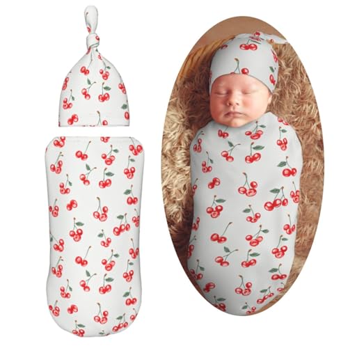Image of Muishi Small Red Cherries Newborn Swaddle Blankets Hat Sets Soft Baby Receiving Blanket Swaddle Sack for Baby Shower Infant Boy Girl Gift