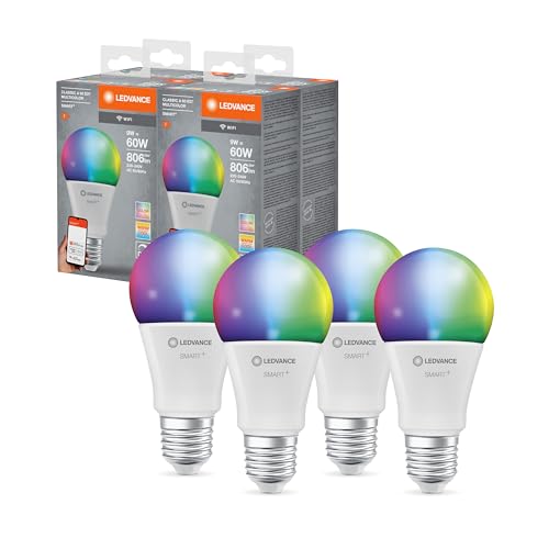 LEDVANCE Lampada LED SMART+ WIFI, smerigliata, 9W, 806lm, forma classica a goccia con E27, luce colorata e luce bianca, controllo tramite app o vocale, durata fino a 20.000HR, confezione da 4