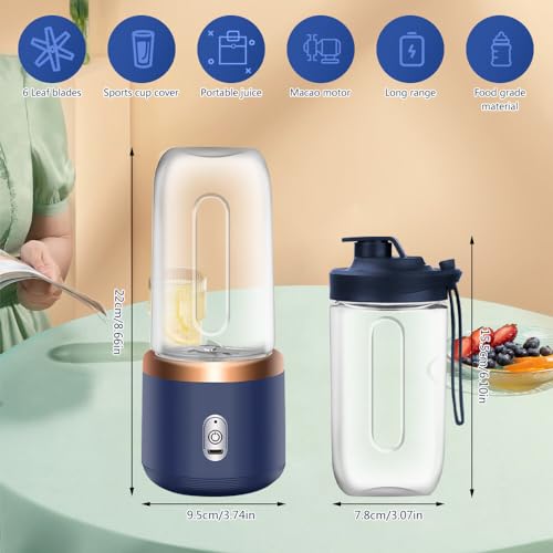 Gobesty Smoothie Maker to Go, 520 ml, draagbare mixer, smoothiemaker, draagbare blender, mini-mixer to go met 6 messen, USB-oplaadbaar, persoonlijke mixer voor gezinnen, camping, outdoor - Afbeelding 3