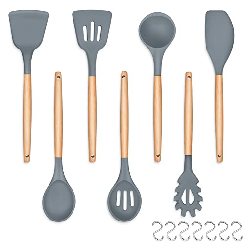 Cooking Utensils Set, HaWare 7 Pcs Silicone Kitchen Utensils with Wooden Handle, Includes Spatula/Ladle/Slotted Turner/Serving Spoon/Pasta Server, Non-Stick Cookware Friendly & Heat Resistant-Grey