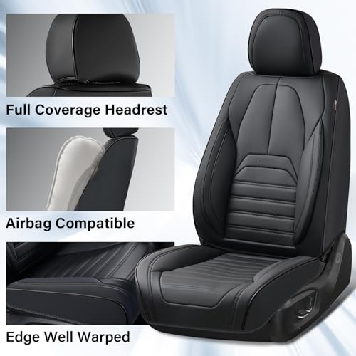 Image of Coverado Seat Covers, Car Seat Covers Front Seats, Automotive Seat Covers, Waterproof Nappa Leather Car Seat Cover, Car Seat Cushion, Black Seat Covers Carseat Cover Universal Fit for Most Cars