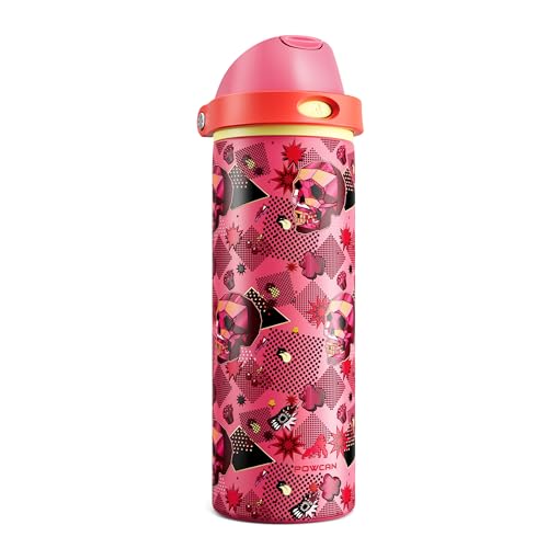 POWCAN 24 oz Insulated Skull Water Bottle: 2-in-1 Lid with Push-Button Spout & Quick-Flip Straw, Leakproof, Car Cupholder Friendly, Stainless Steel for Gym, Travel, Camping (Candy Vandal)