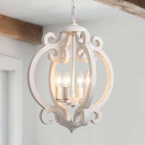 Wooden Farmhouse Chandelier, 4-Light White Chandeliers for Dining Room, Antique