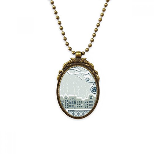 Collier Homme Laiton Antique Pendentif Arbre Oiseau Lampadaire de Ville