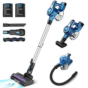 INSE S6P Cordless Vacuum Cleaner with 2 Batteries, Up to 80min Run-time Rechargeable Stick Vacuum, Lightweight Powerful Suction Handheld Vac, Blue