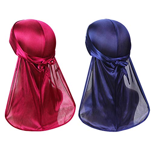 2 PIieces Silky Soft Durag Headwraps with Extra Long Tail and Wide Straps for 360 Waves