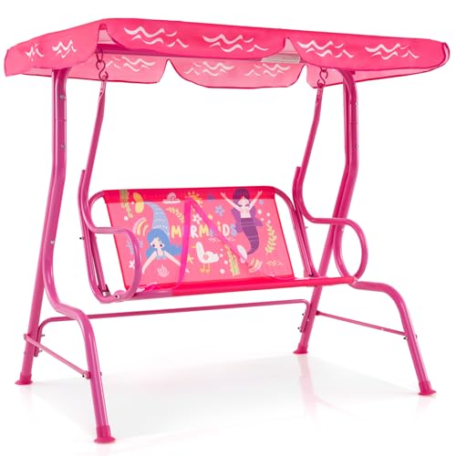 COSTWAY Kids Swing Chair with Adjustable Canopy and Safety Belts, 2 Seat Garden Toddler Swing Bench for Patio Porch Yard (Pink)