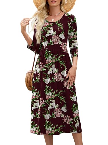 Image of Heymoments Women's Casual 3 /4 Sleeve Midi Dress Crewneck A Line Tiered Flowy Loose Travel Long Dresses with Pockets