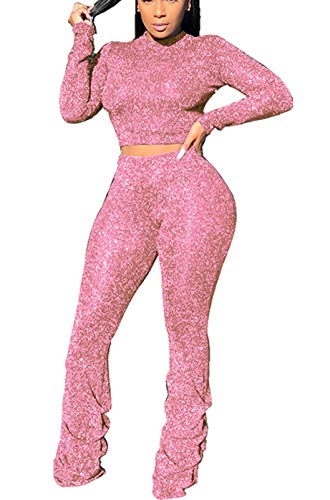 Womens Fall Clothes Crewneck Tops and Bodycon Long Pants Set Sparkly Two Piece Outfits Club Wear