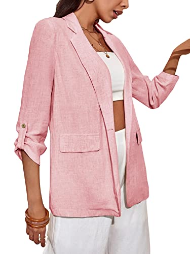Womens Casual Blazers Long Sleeve Lapel Collar Open Front Cotton Work Office Jacket With Pockets Pink #TOP1