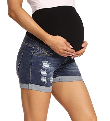 V Vocni Maternity Denim Shorts For Women High Waist Distressed Cuffed Hem Casual Denim Jeans Short Dark Blue Large #TOP3